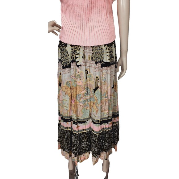 Vintage 80s Elephants People India City Life Tiered Mixed Media Broomstick Skirt - Picture 12 of 14